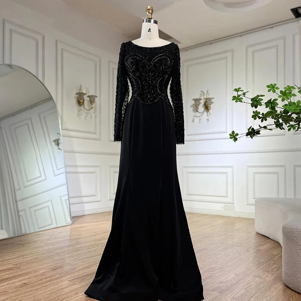 Serene Hill Muslim Elegant Green Satin Mermaid Beaded Luxury Dubai Evening Gown for Women&