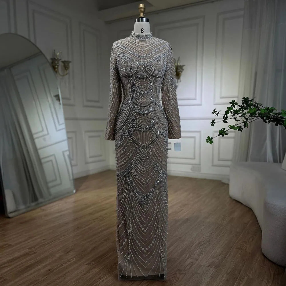 Muslim Nude Elegant Mermaid High Split Beaded Luxury Evening Dress Gown LA72091L - SERENE HILL
