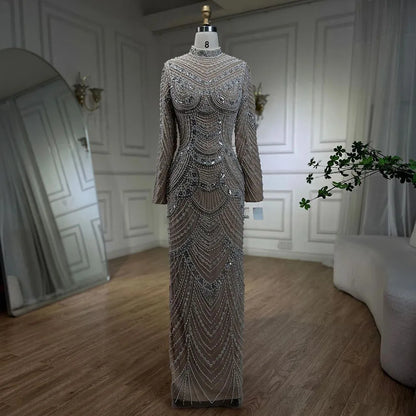 Muslim Nude Elegant Mermaid High Split Beaded Luxury Evening Dress Gown LA72091L - SERENE HILL