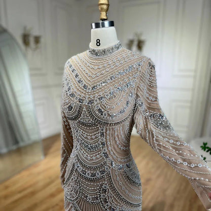 Muslim Nude Elegant Mermaid High Split Beaded Luxury Evening Dress Gown LA72091L - SERENE HILL