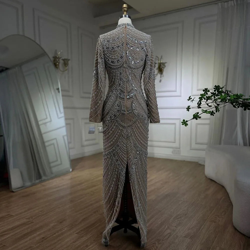 Muslim Nude Elegant Mermaid High Split Beaded Luxury Evening Dress Gown LA72091L - SERENE HILL
