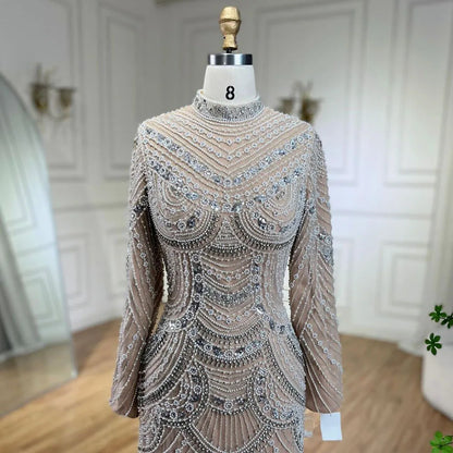 Muslim Nude Elegant Mermaid High Split Beaded Luxury Evening Dress Gown LA72091L - SERENE HILL