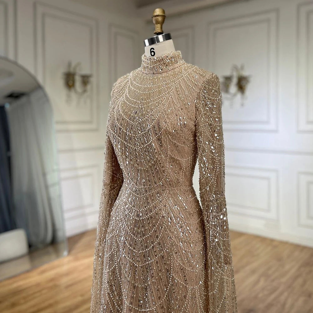 Luxury Dubai Muslim Sage Green Pearls Evening Dress With Cape Plus Size LA72591 - SERENE HILL