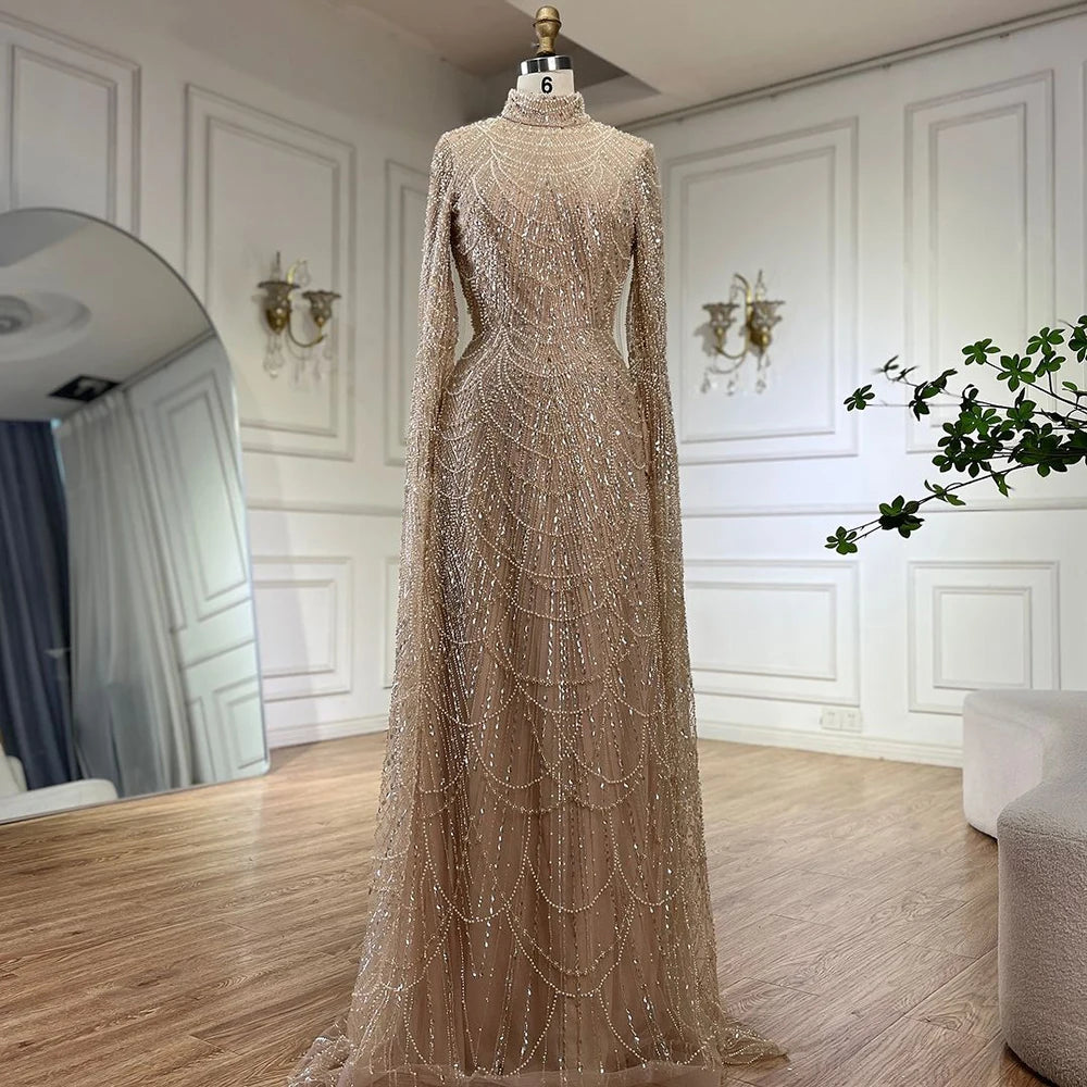 Luxury Dubai Muslim Sage Green Pearls Evening Dress With Cape Plus Size LA72591 - SERENE HILL