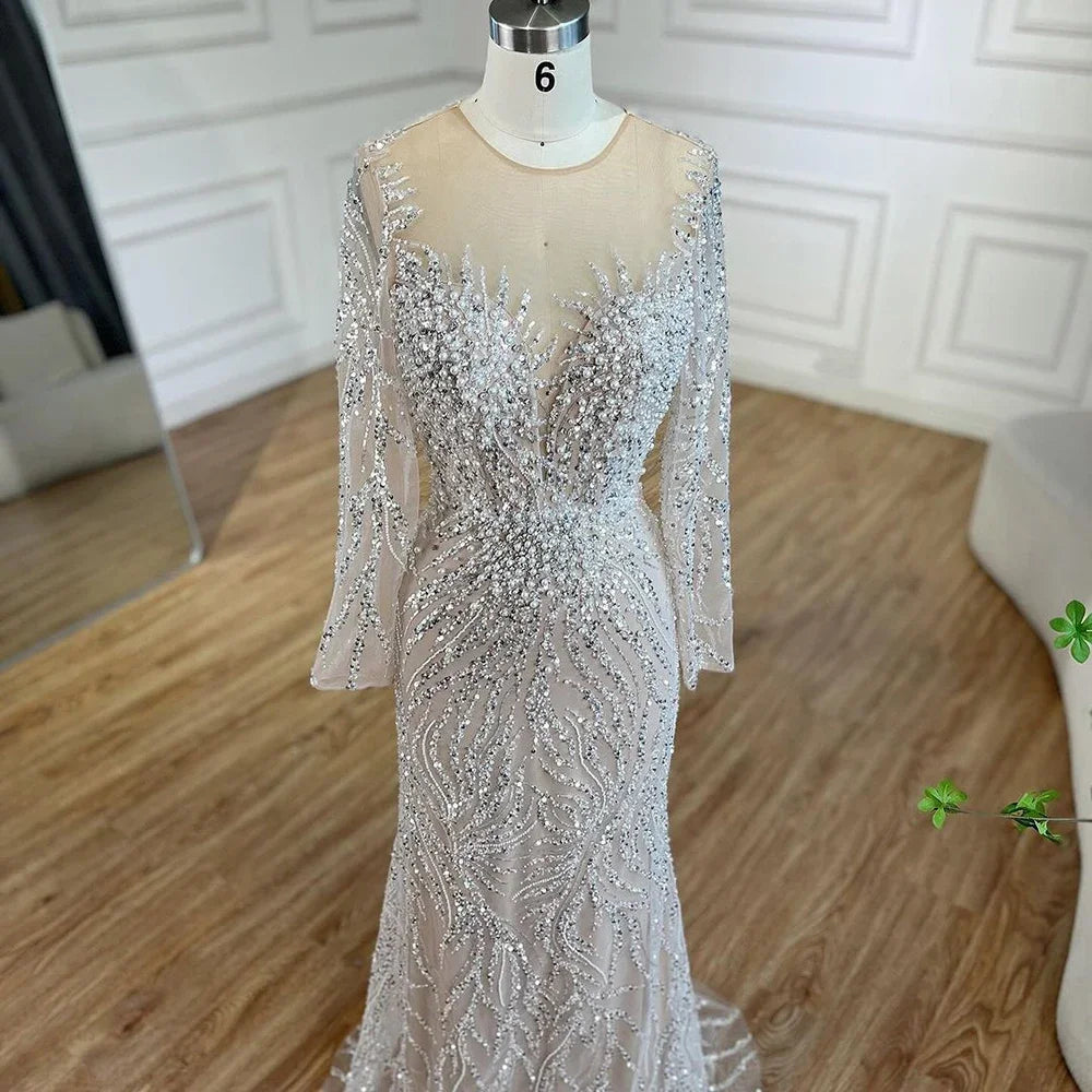 Luxury Dubai White Nude Mermaid Evening Dress With Long Sleeve LA72634 - SERENE HILL