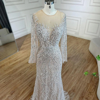 Luxury Dubai White Nude Mermaid Evening Dress With Long Sleeve LA72634 - SERENE HILL