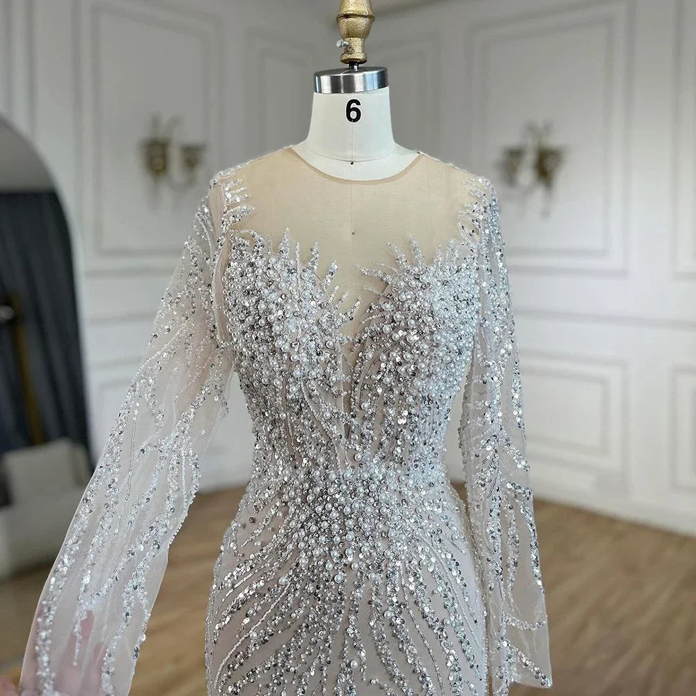 Luxury Dubai White Nude Mermaid Evening Dress With Long Sleeve LA72634 - SERENE HILL