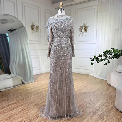 Muslim Silver Nude Beaded Long Sleeves Evening Dress LA70752H - SERENE HILL