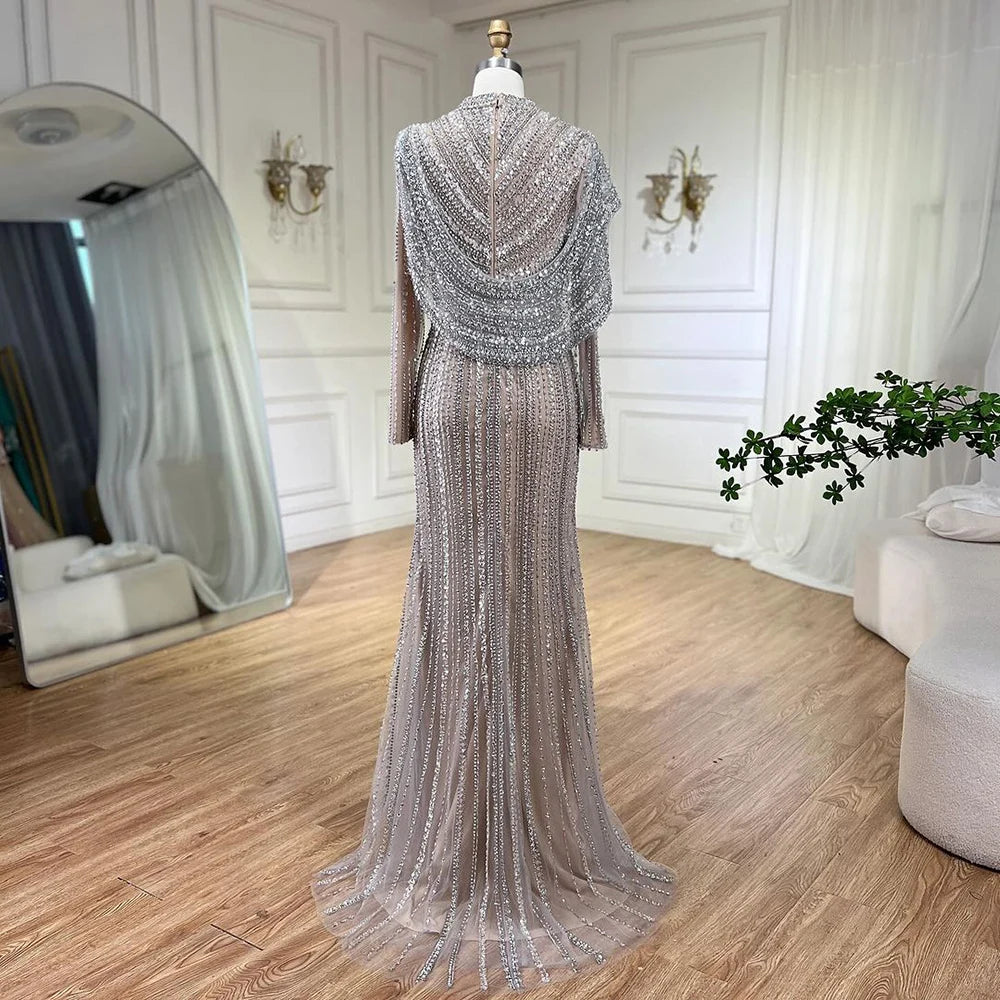 Muslim Silver Nude Beaded Long Sleeves Evening Dress LA70752H - SERENE HILL