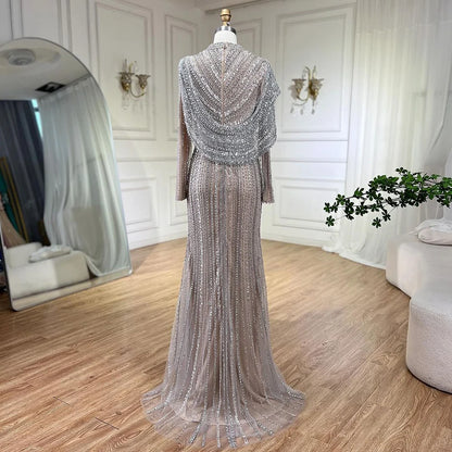 Muslim Silver Nude Beaded Long Sleeves Evening Dress LA70752H - SERENE HILL