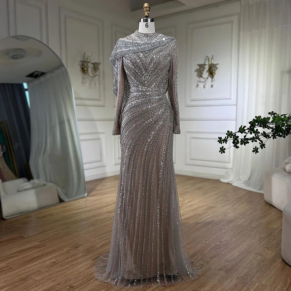 Muslim Silver Nude Beaded Long Sleeves Evening Dress LA70752H - SERENE HILL