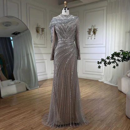 Muslim Silver Nude Beaded Long Sleeves Evening Dress LA70752H - SERENE HILL