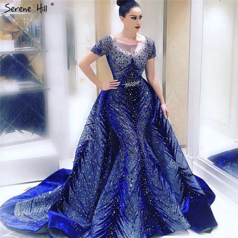Serene Hill 2025 Muslim Velvet Fabric Mermaid Luxury Blue Evening Dresses Dress With Skirt Formal Dress Plus Size LA60914 - SERENE HILL