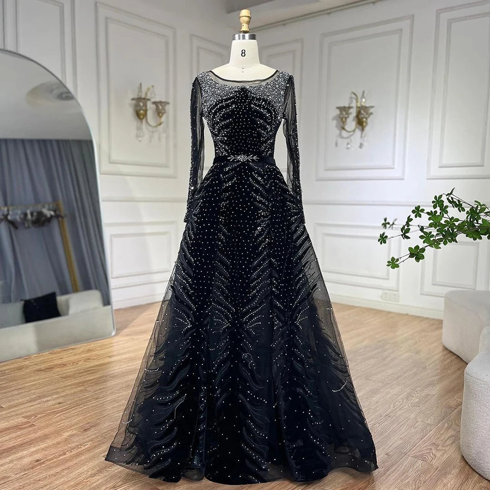 Serene Hill 2025 Muslim Velvet Fabric Mermaid Luxury Blue Evening Dresses Dress With Skirt Formal Dress Plus Size LA60914 - SERENE HILL