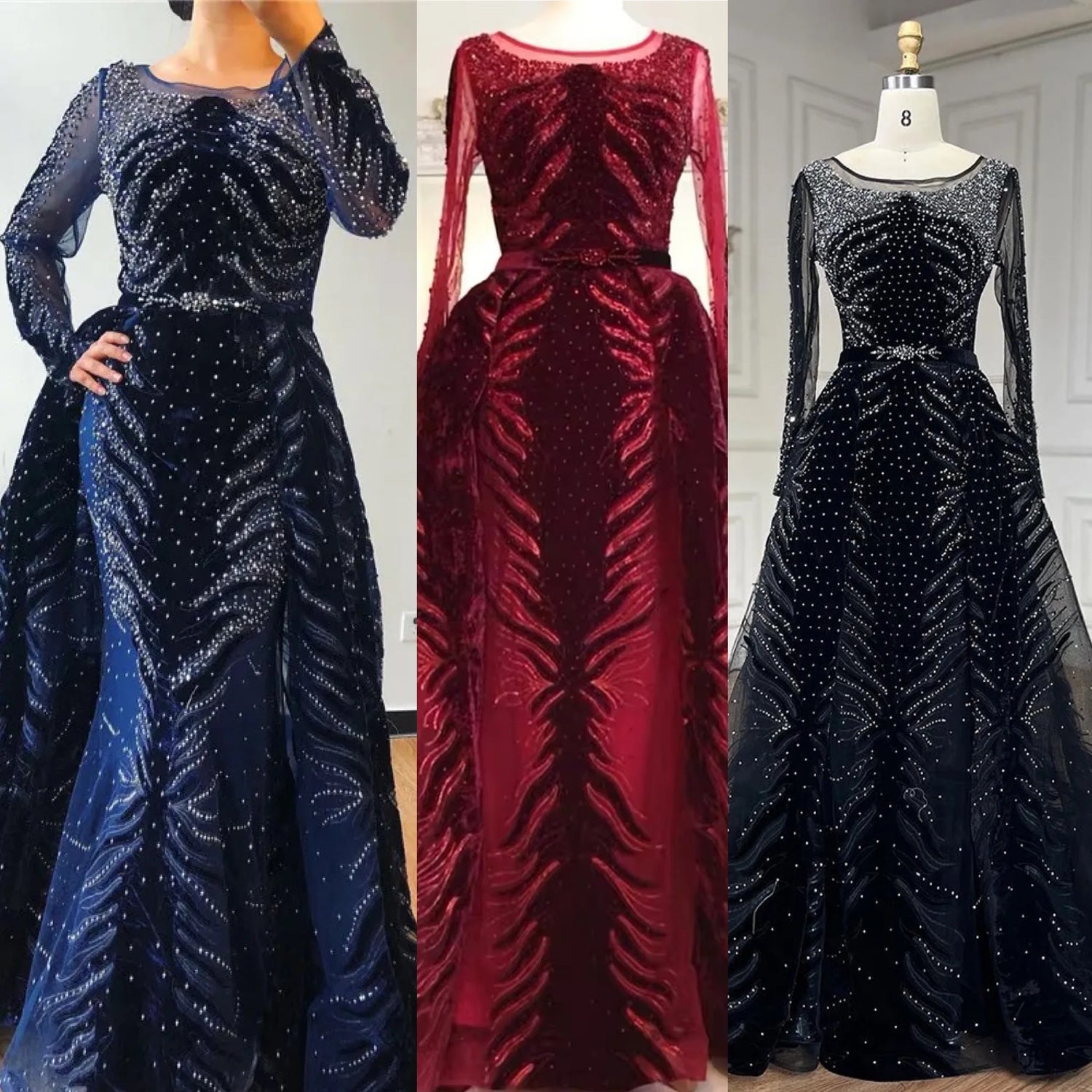 Serene Hill 2025 Muslim Velvet Fabric Mermaid Luxury Blue Evening Dresses Dress With Skirt Formal Dress Plus Size LA60914 - SERENE HILL