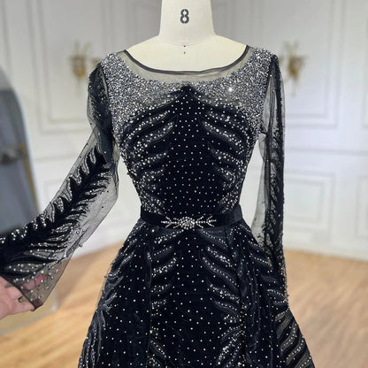 Serene Hill 2025 Muslim Velvet Fabric Mermaid Luxury Blue Evening Dresses Dress With Skirt Formal Dress Plus Size LA60914 - SERENE HILL