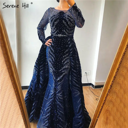 Serene Hill 2025 Muslim Velvet Fabric Mermaid Luxury Blue Evening Dresses Dress With Skirt Formal Dress Plus Size LA60914 - SERENE HILL