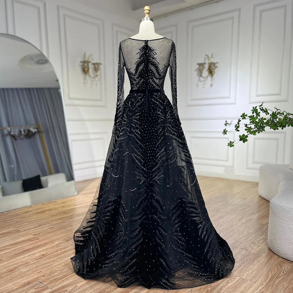 Serene Hill 2025 Muslim Velvet Fabric Mermaid Luxury Blue Evening Dresses Dress With Skirt Formal Dress Plus Size LA60914 - SERENE HILL