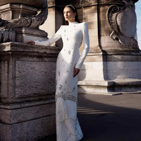 Luxury Crystal White Muslim Evening Dresses Long Sleeves LA72719