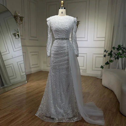 Serene Hill 2025 Muslim White With Overskirt Elegant Mermaid Beaded Dresses Evening Dresses Gowns for Women Wedding Party LA72346 - SERENE HILL
