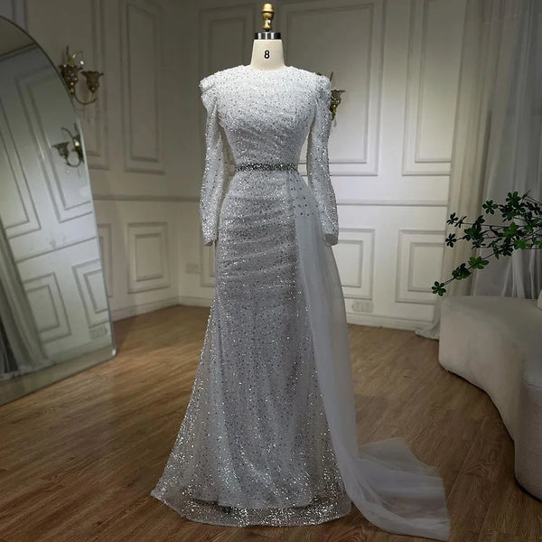Serene Hill 2025 Muslim White With Overskirt Elegant Mermaid Beaded Dresses Evening Dresses Gowns for Women Wedding Party LA72346
