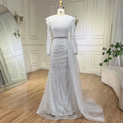 Serene Hill 2025 Muslim White With Overskirt Elegant Mermaid Beaded Dresses Evening Dresses Gowns for Women Wedding Party LA72346 - SERENE HILL