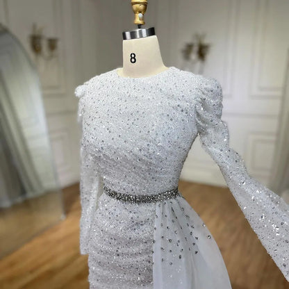 Serene Hill 2025 Muslim White With Overskirt Elegant Mermaid Beaded Dresses Evening Dresses Gowns for Women Wedding Party LA72346 - SERENE HILL