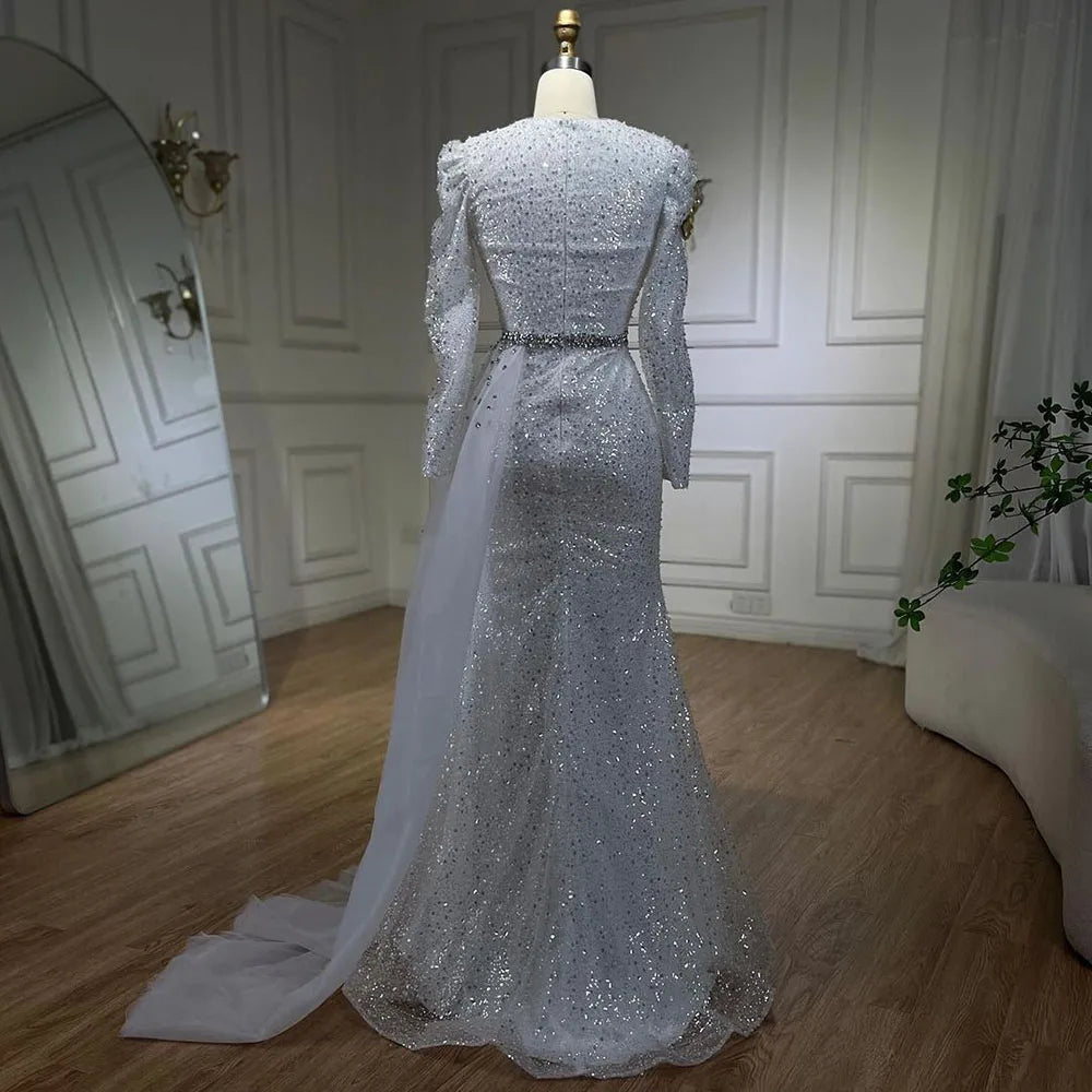 Serene Hill 2025 Muslim White With Overskirt Elegant Mermaid Beaded Dresses Evening Dresses Gowns for Women Wedding Party LA72346 - SERENE HILL