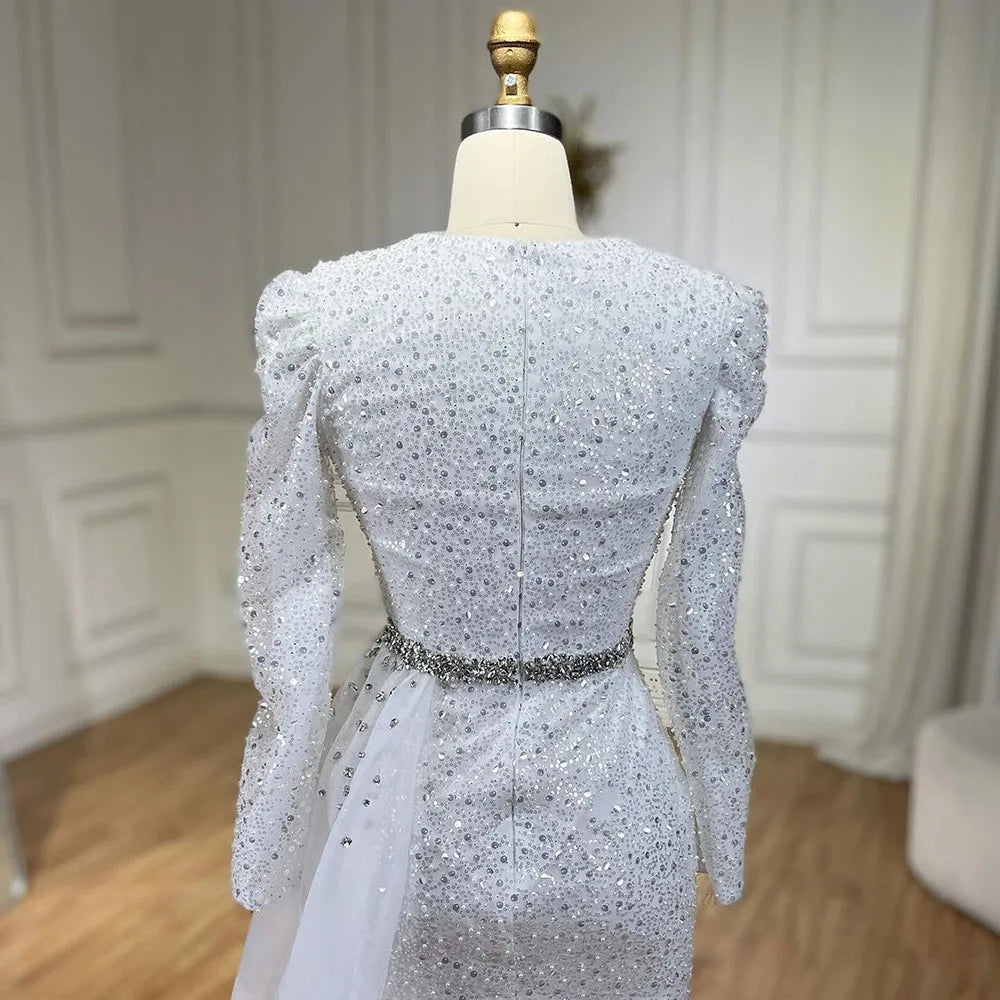 Serene Hill 2025 Muslim White With Overskirt Elegant Mermaid Beaded Dresses Evening Dresses Gowns for Women Wedding Party LA72346 - SERENE HILL