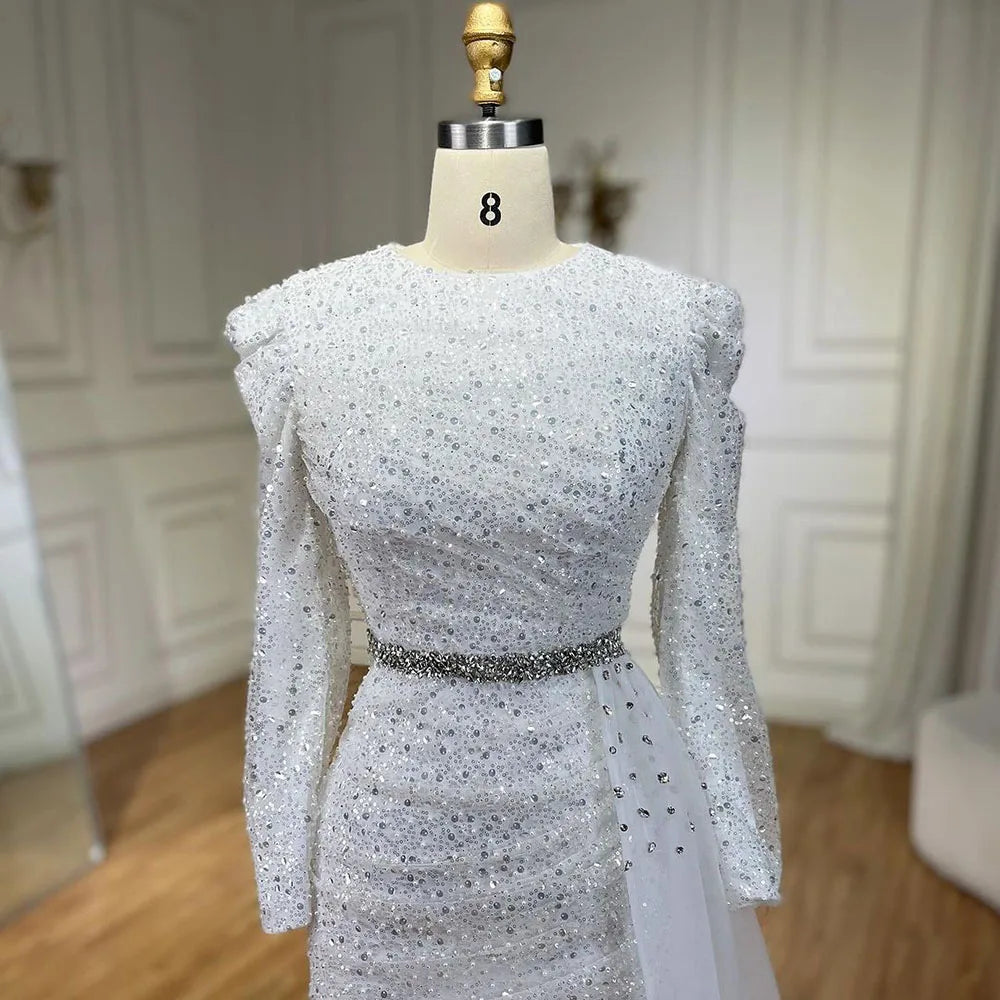 Serene Hill 2025 Muslim White With Overskirt Elegant Mermaid Beaded Dresses Evening Dresses Gowns for Women Wedding Party LA72346 - SERENE HILL