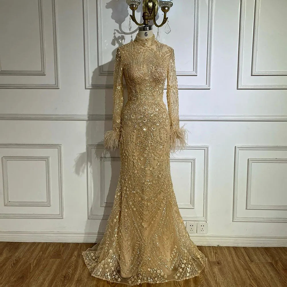 Luxury Feather Beaded Nude Mermaid Evening Dress LA72546 - SERENE HILL