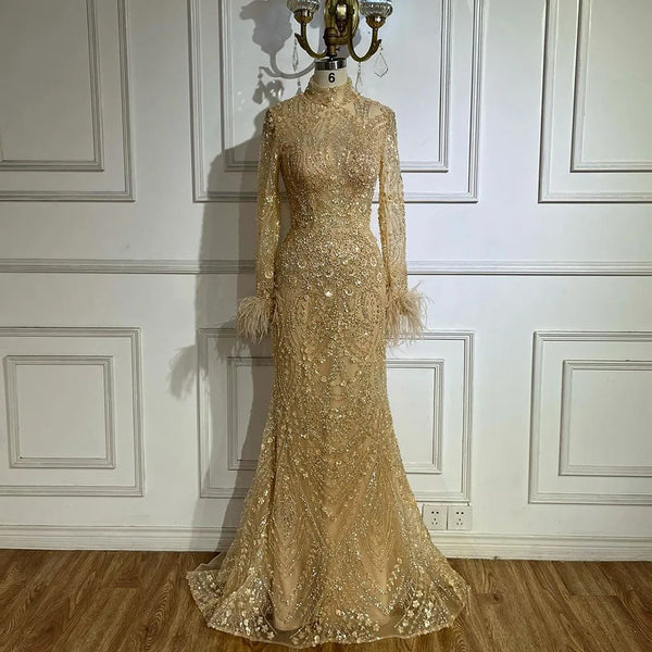 Luxury Feather Beaded Nude Mermaid Evening Dress LA72546