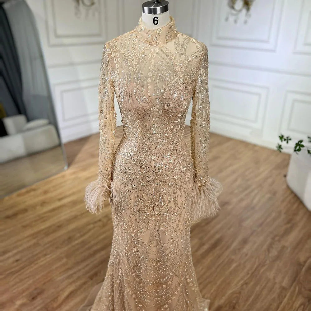 Luxury Feather Beaded Nude Mermaid Evening Dress LA72546 - SERENE HILL