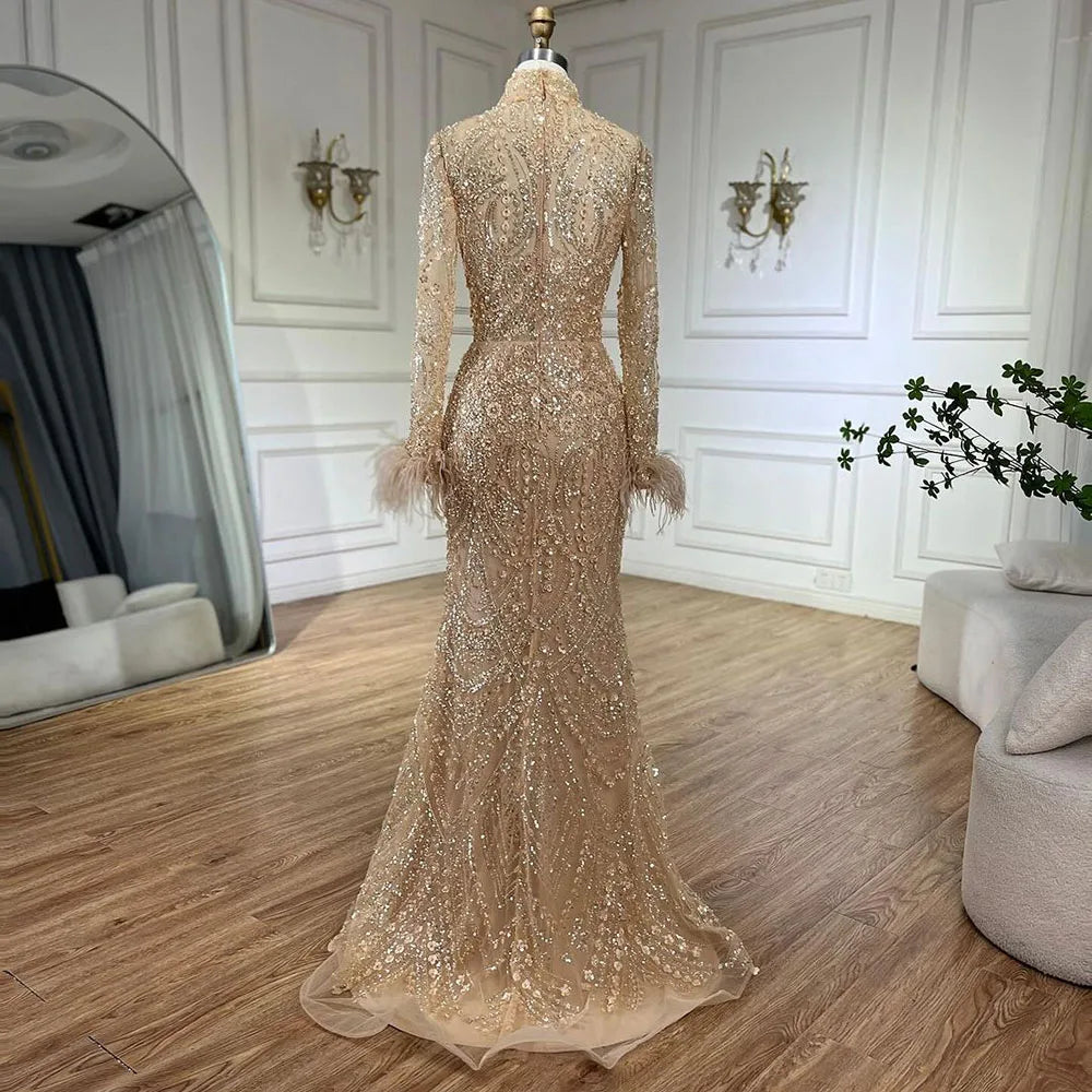 Luxury Feather Beaded Nude Mermaid Evening Dress LA72546 - SERENE HILL