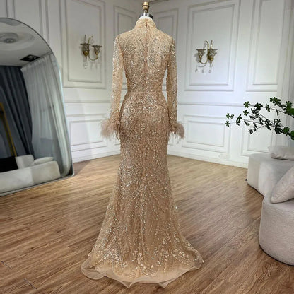 Luxury Feather Beaded Nude Mermaid Evening Dress LA72546 - SERENE HILL