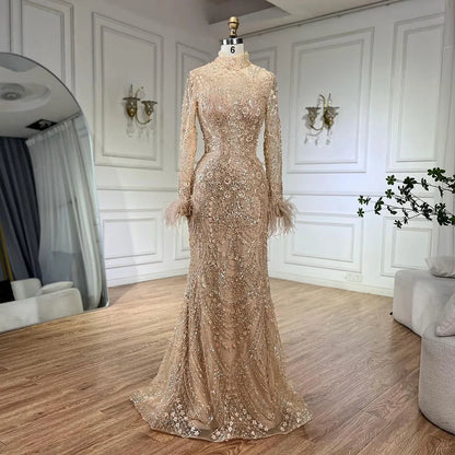Luxury Feather Beaded Nude Mermaid Evening Dress LA72546 - SERENE HILL