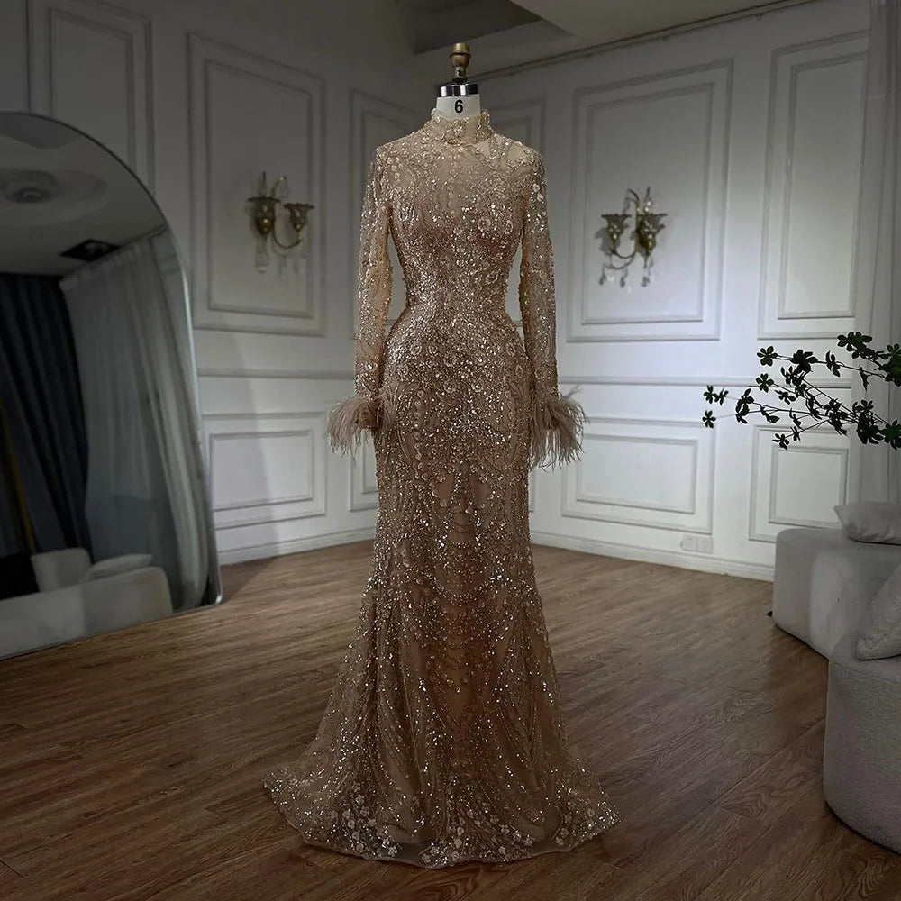 Luxury Feather Beaded Nude Mermaid Evening Dress LA72546 - SERENE HILL