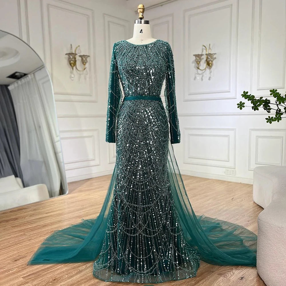 Serene Hill 2025 Muslim Women Wedding Party Dubai Gowns green Overskirt Luxury Beaded Mermaid Long Evening Dresses LA72032D - SERENE HILL