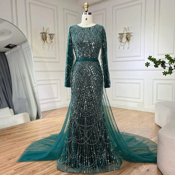 Serene Hill 2025 Muslim Women Wedding Party Dubai Gowns green Overskirt Luxury Beaded Mermaid Long Evening Dresses LA72032D