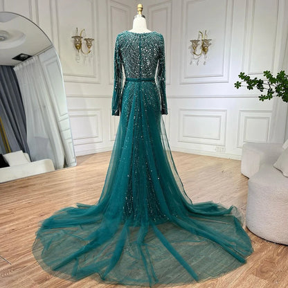 Serene Hill 2025 Muslim Women Wedding Party Dubai Gowns green Overskirt Luxury Beaded Mermaid Long Evening Dresses LA72032D - SERENE HILL