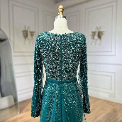 Serene Hill 2025 Muslim Women Wedding Party Dubai Gowns green Overskirt Luxury Beaded Mermaid Long Evening Dresses LA72032D - SERENE HILL