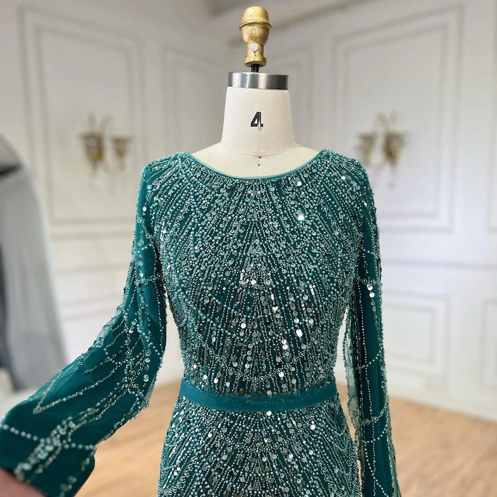 Serene Hill 2025 Muslim Women Wedding Party Dubai Gowns green Overskirt Luxury Beaded Mermaid Long Evening Dresses LA72032D - SERENE HILL