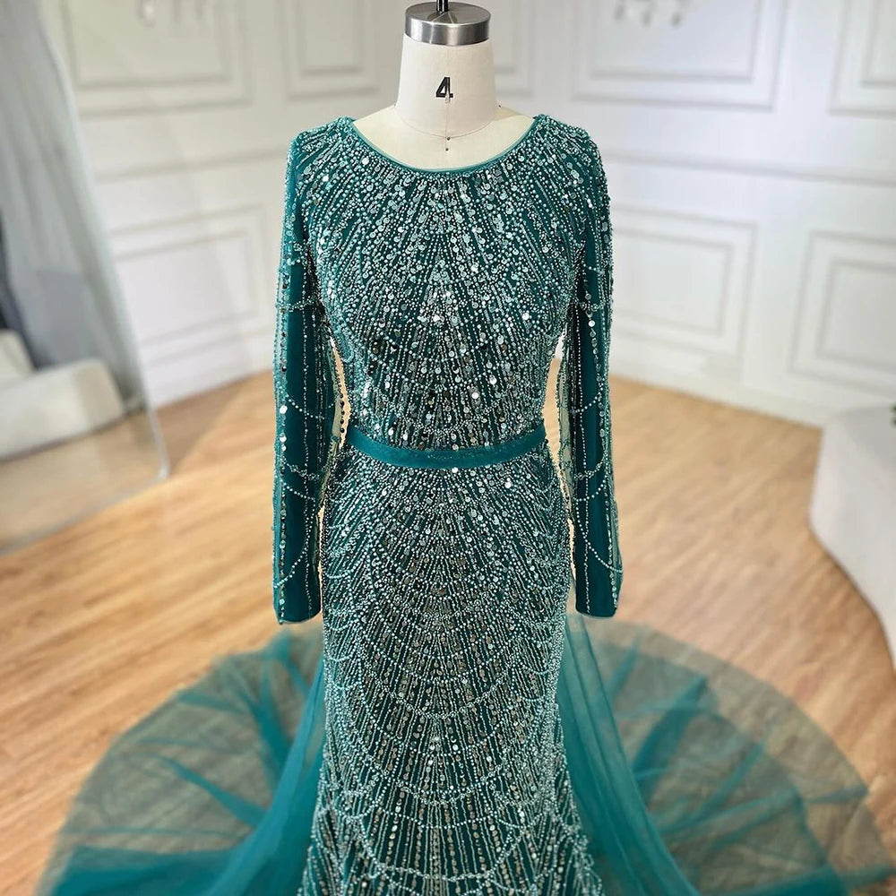 Serene Hill 2025 Muslim Women Wedding Party Dubai Gowns Green Overskirt Luxury Beaded Mermaid Long Evening Dresses LA72032D Green / 8