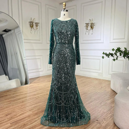 Serene Hill 2025 Muslim Women Wedding Party Dubai Gowns green Overskirt Luxury Beaded Mermaid Long Evening Dresses LA72032D - SERENE HILL