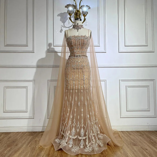 Luxury Nude Beaded Mermaid Evening Dress with Cape LA72711