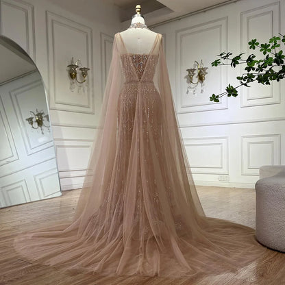 Luxury Nude Beaded Mermaid Evening Dress with Cape LA72711 - SERENE HILL