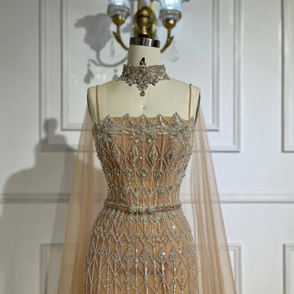 Luxury Nude Beaded Mermaid Evening Dress with Cape LA72711 - SERENE HILL