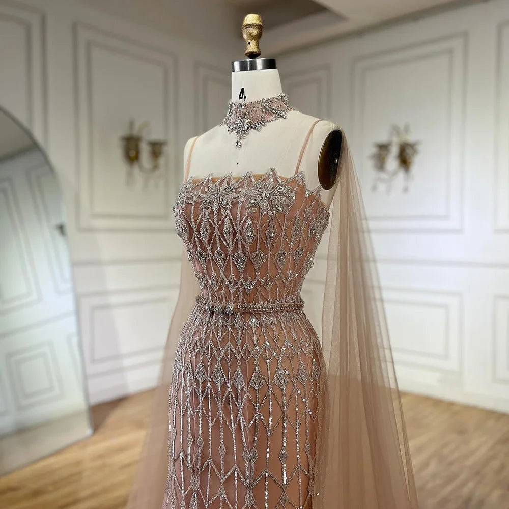 Luxury Nude Beaded Mermaid Evening Dress with Cape LA72711 - SERENE HILL