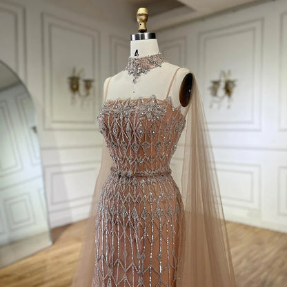 Luxury Nude Beaded Mermaid Evening Dress with Cape LA72711 - SERENE HILL