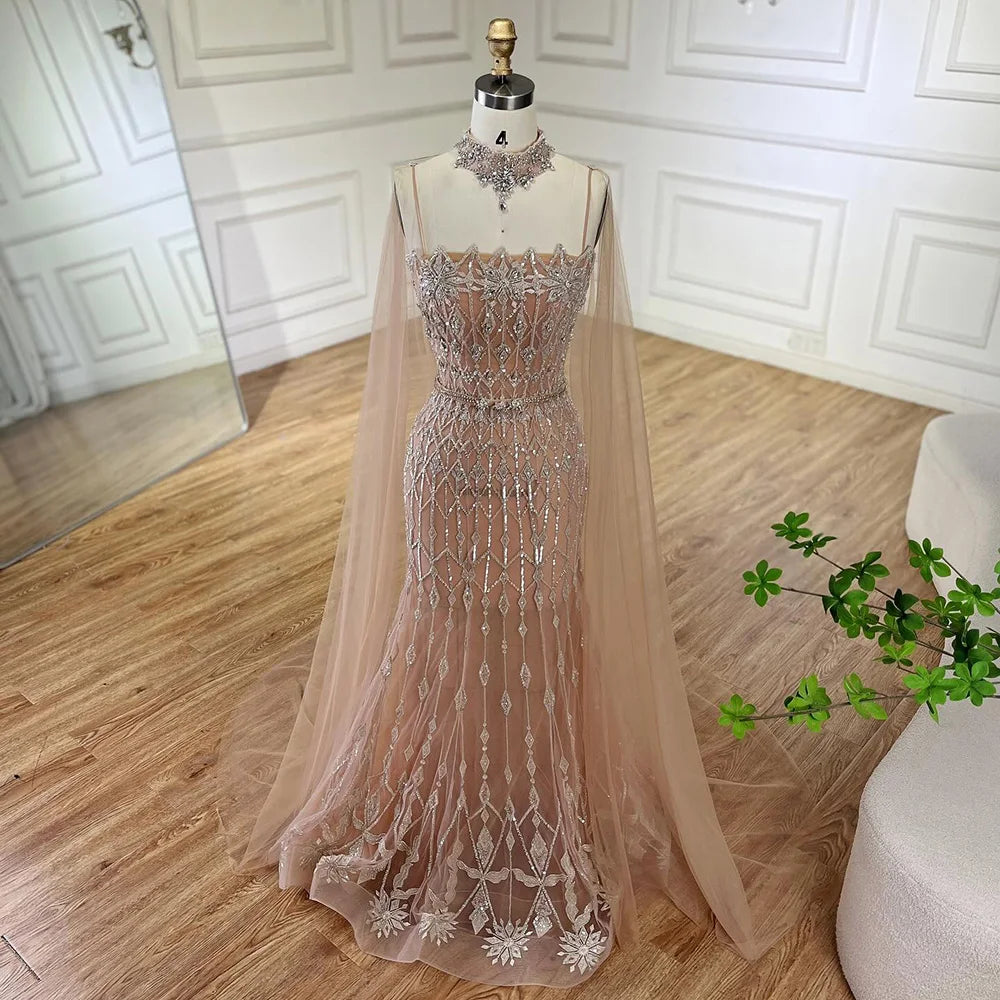 Luxury Nude Beaded Mermaid Evening Dress with Cape LA72711 - SERENE HILL